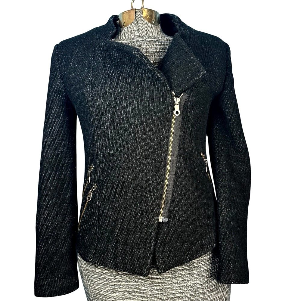 Buckley Tailors Black Wool Blazer‎ Asymmetrical Zipper Front Zip Pockets Size 0